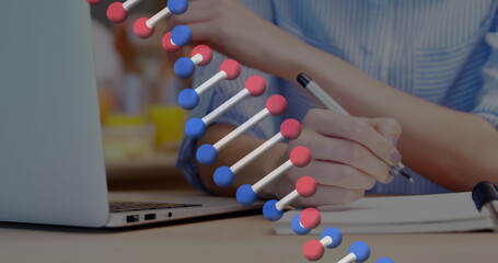 Poster - Image of dna strand spinning over businesswoman using laptop