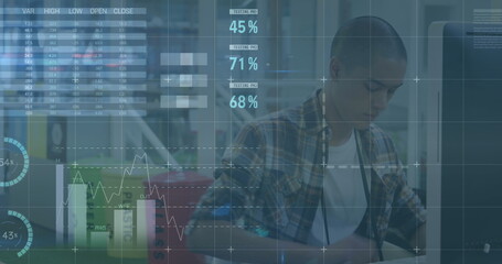 Poster - Image of various digital data moving over focused asian businessman working in office