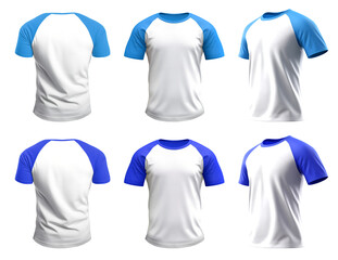 2 Set of men dark light blue turquoise Raglan Sleeves white tee t shirt colour block round neck front, back and side view on transparent background cutout, PNG file. Mockup template for artwork design