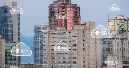 Poster - Image of multiple cloud icons with increasing percentage against aerial view of tall buildings