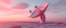 Satellite Dish Scanning The Skies At Dusk. Concept Astronomy, Technology, Communication, Space Exploration, Observational Science