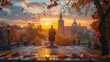 Sunset over a historic city center, featuring a prominent statue, colorful autumn trees, and flying birds. Visitors enjoy the serene view under a golden sky.