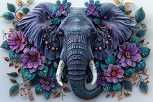Mandala Elephant With Purple And Green Floral Patterns On A White Background In The Diamond Painting Style