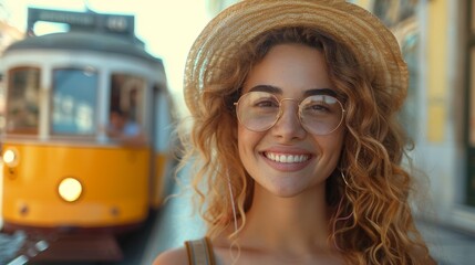 Joyful young woman with curly hair and glasses, wearing a straw hat, smiles brightly near a yellow vintage tram, embodying a perfect sunny travel day.