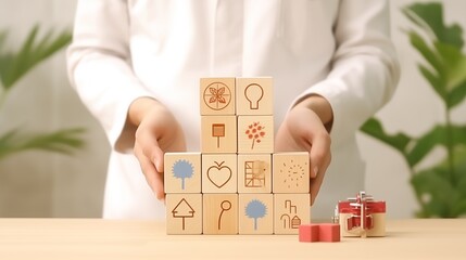  Concept of Insurance for your health, Hand hold wooden block with icon healthcare medical.