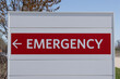 Emergency Room ER and Emergency Department entrance sign for a hospital in alert red.