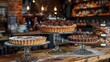   A wooden table laden with numerous pies Pies atop a separate wooden table, adjacent to a bar