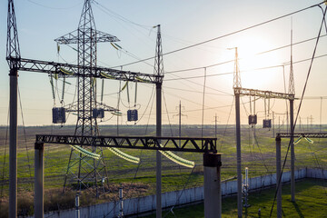 High voltage transformer substation. High voltage equipment. Energy transfer technology.