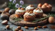  A wooden plate holds cupcakes, each topped with frosting and garnished with almonds and a sprig of rosemary