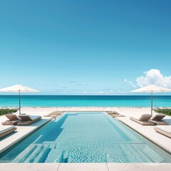 Wall Mural - the elegance of a luxury beach club, featuring a pristine swimming pool and lounge chairs against a backdrop of azure ocean, white sand, and clear blue sky
