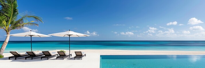 Wall Mural - the elegance of a luxury beach club, featuring a pristine swimming pool and lounge chairs against a backdrop of azure ocean, white sand, and clear blue sky
