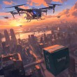 Delivery Drones Taking Over the Urban Skies - Futuristic Technology Illustration for Stock Image Usage