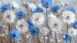   A close-up of various flowers with blue and white blooms at the picture's center, featuring a single blue and white flower in its heart