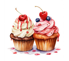 Wall Mural - Watercolor cherry cupcakes