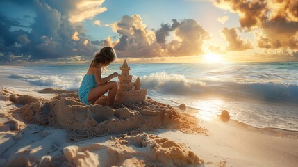 Girl building sand castle on sunny beach day. Joyful children create sandcastles by ocean. Girl playing on beach.