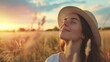 Intimate romantic portrait of a woman wearing a hat, gazing up at the sky with emotion