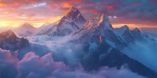 Panoramic View Of Snow Mountains Range Landscape. Generative AI.