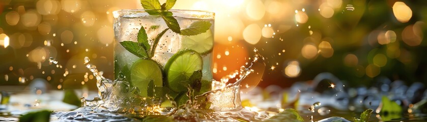 A refreshing mojito cocktail with mint leaves and lime, cinematic, food professional photography, studio lighting, modern restaurant background, Michelin star, splash fire, advertising photography, in