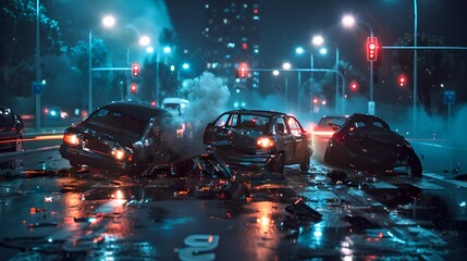 Cinematic Night Scene of a Car Accident on a Rainy City Street. Emergency and Drama in Urban Setting. High-Quality Image Generated by AI.