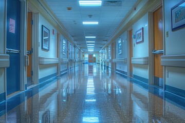 Sticker - A long hallway with a blue and white floor. The hallway is empty and the lights are on