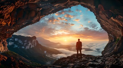 Poster - Solitary figure stands at cave entrance, contemplating vast landscape at sunset. Tranquil scenery, nature's beauty captured. Inspirational moment. AI