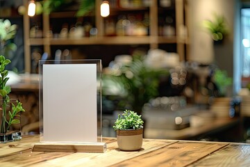 A clear glass sign sits on a wooden table next to a potted plant. The sign is empty, but it is placed in a restaurant setting. The potted plant adds a touch of greenery to the space