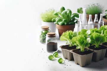 Organic lettuce and vegetable plantation, young healthy seedlings growing up on a white background