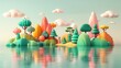 Surreal landscape with colorful hills and reflection in water: abstract 3d illustration of a vibrant, undulating landscape with whimsical trees and clouds reflected in tranquil waters