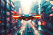 Autonomous aerial vehicles conducting reconnaissance in a 90s-inspired, technologically advanced urban environment. 