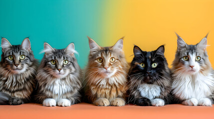 Naklejka na meble Five Maine Coon Cats Against a Gradient Backdrop