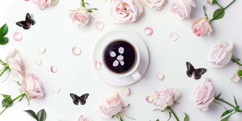 Canvas Print - Coffee on a white table among flowers
