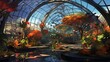 a high-tech greenhouse filled with vibrant plant life, utilizing a combination of watercolor and digital rendering techniques to bring out the contrast between the organic an