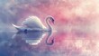 A peaceful swan gracefully floats on a calm lake reflecting a sky blending limbo and rainbow hues. In serene mauve, dusty rose, and soft blue-gray