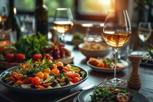An Elegant Dinner Setting With A Glass Of White Wine Paired With A Fresh, Colorful Salad With Diverse Ingredients