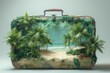 a ready luggage with palm trees, a beach, umbrella and sand being projected out of it, ai gemerated