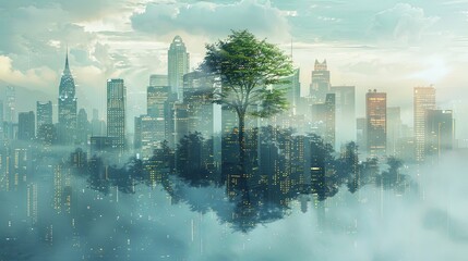 Wall Mural - City double exposure landscape of green summer forest vegetation at sunset