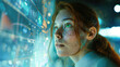 © Gener Vázquez - A young woman engaged with a sophisticated digital interface full of holographic data projections, reflecting advanced technology and connectivity