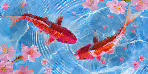 Poster - Red carp swim in blue water with sakura petals
