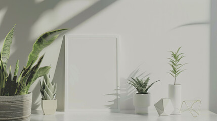 Poster - Large frame, white poster on a table near a white wall
