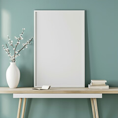 Large frame, white poster on a turquoise wall on a wooden table with a small vase and books
