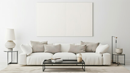 Poster - Large frame, white poster on the wall in the room above the sofa
