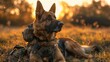 A German Shepherd dog, a Lycaon pictus, lies in a field at sunset
