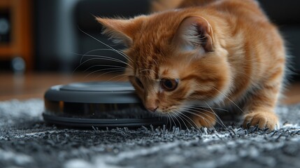 Wall Mural - Felidae sniffing domestic shorthaired cat at fawn robotic vacuum