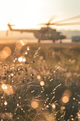 Wall Mural -  Military helicopter at the airfield. Warriors of the sky, grounded for a moment's rest. Blurry.