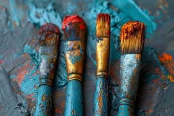 Used paintbrushes with vivid colorful bristles against an artistic background, depicting creativity and the art process