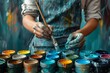 Painter's hands, speckled with vibrant colors, reveal the messy, beautiful process of art creation