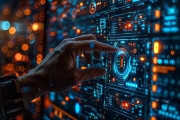 Poster - A hand interacts with a high-tech touchscreen interface full of intricate glowing elements, symbolizing advanced technology and innovation