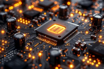 Poster - An up-close view of a glowing microchip on a circuit board, illustrating the intricacy of modern computing technology
