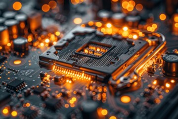 Poster - Close-up view of a central processing unit in socket with surrounding circuits on a motherboard illuminated by warm light