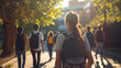 A female student and her classmates heading towards the school library, with books under their arms. The late morning sun creates soft shadows across their path, symbolizing their